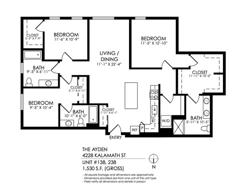 Floor plan for 3 beds, 3 baths, 1530 sqft
